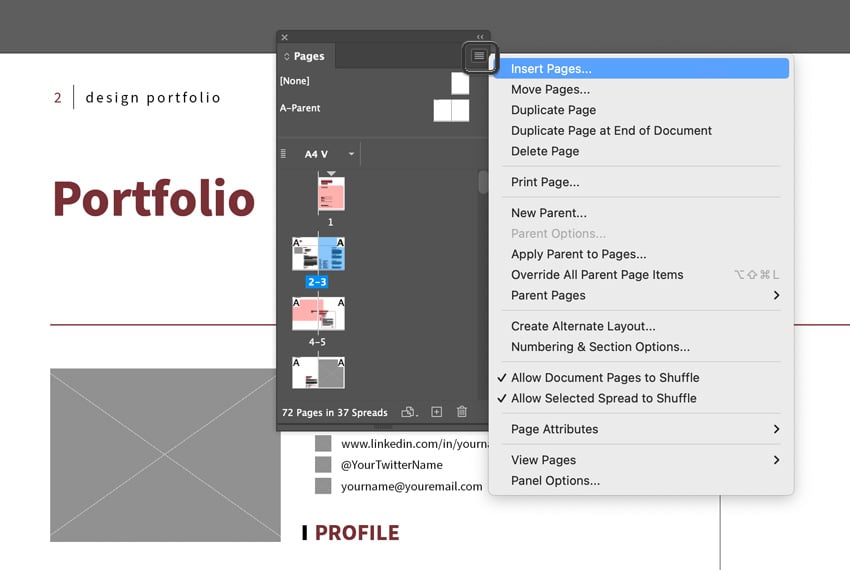 indesign pages panel menu