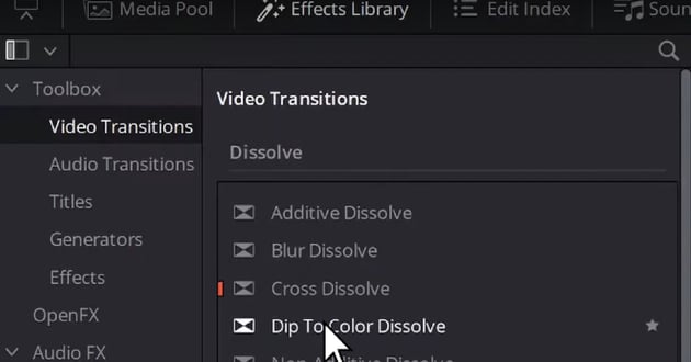 User clicking Dip To Color Dissolve menu for Davinci Resolve fade to black tutorial.