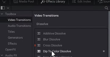 User clicking Dip To Color Dissolve menu for Davinci Resolve fade to black tutorial.