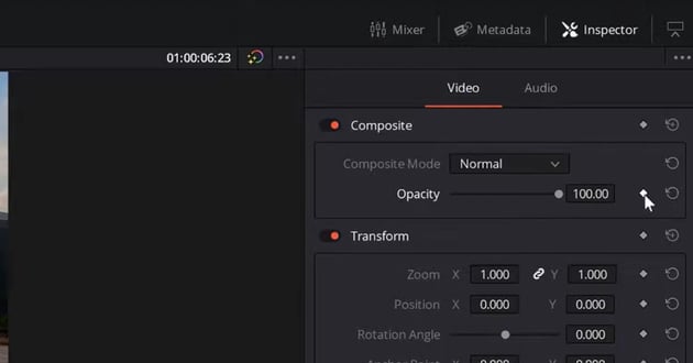 User clicking on Opacity diamond for article on how to fade to black Davinci Resolve.