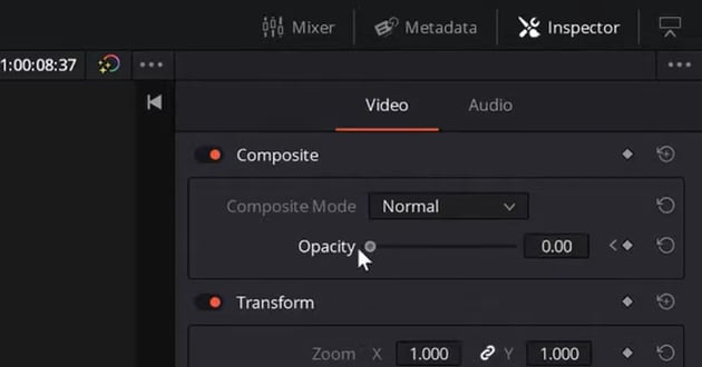 Drag Opacity down to zero for article for Davinci Resolve fade to black tutorial.