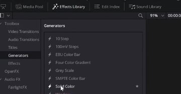 User clicking Solid Color Generator and dragging it to the timeline for article on how to fade in Davinci Resolve.