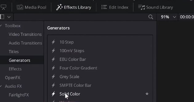 User clicking Solid Color Generator and dragging it to the timeline for article on how to fade in Davinci Resolve.
