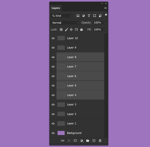 Hold Shift and and select the bottom most layer