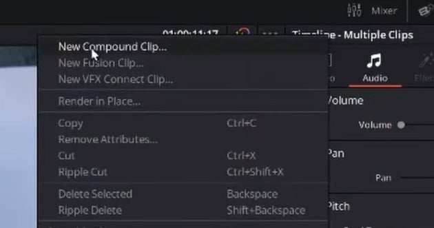 User choosing New Compound Clip for article on how to merge clips in DaVinci Resolve.