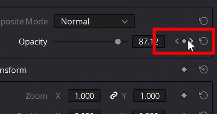 Key frame highlight for article on how to fade to black Davinci Resolve.