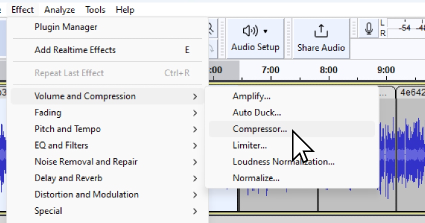 User clicking on Compressor for article on Audacity sound effects.