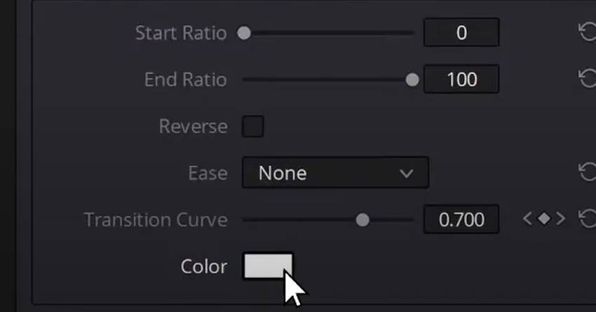 User clicking on Color Picker in the Inspector menu to be able to Add fade in Davinci Resolve.