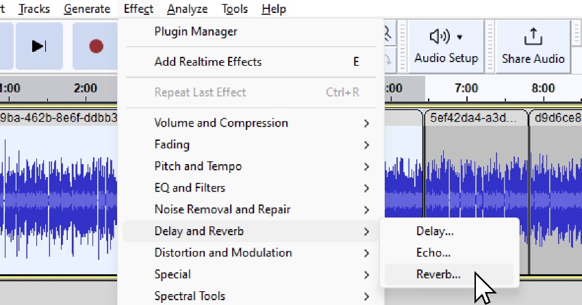 User clicking on Reverb for guide on how to use Audacity reverb effect.