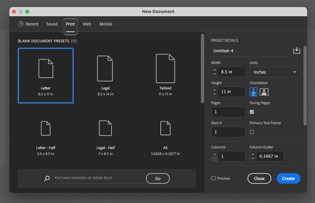 indesign new document