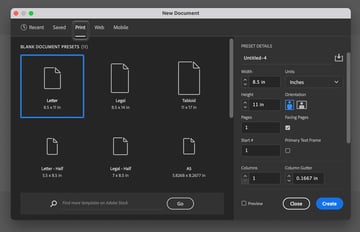 indesign new document