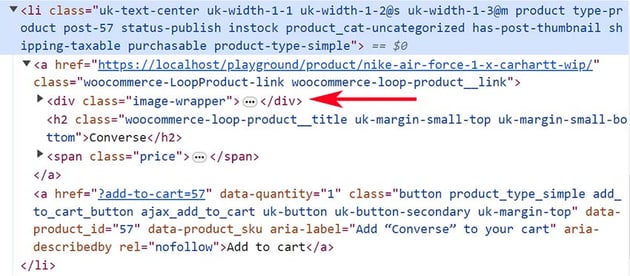 The generated markup for a product within loop