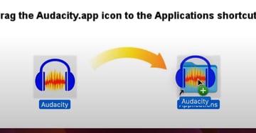 User dragging application into the applications folder for guide on Audacity software download and install.