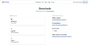 Audacity website downloads page thumbnail for article on  how to record desktop audio with audacity.