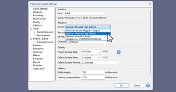 User accessing Playback devices section in Preferences and Audio Settings to demonstrate how to use Audacity recording software.