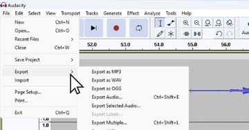 User accessing the save and import menus for how to record desktop audio with Audacity.