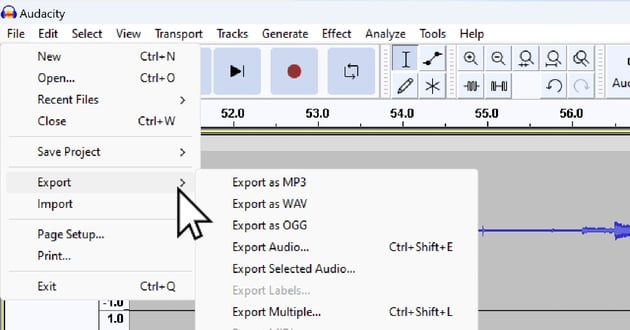 User accessing the save and import menus for how to record desktop audio with Audacity.