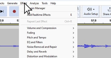User accessing Effects Menu for article on Audacity record desktop audio.