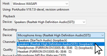 User accessing loop back options for audacity recording software.