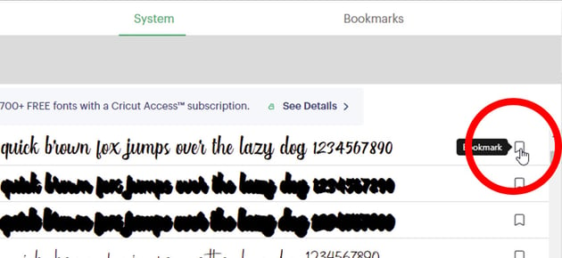 Click the bookmark icon on the right hand side of the fonts