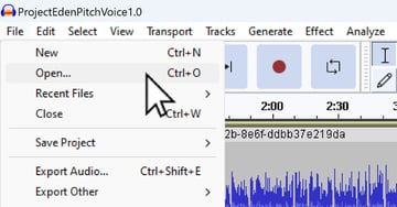 User accessing Audacity File Menu to show how to trim audio in Audacity.
