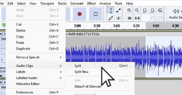 User clicking split in Edit Menu for article on how to cut in Audacity.