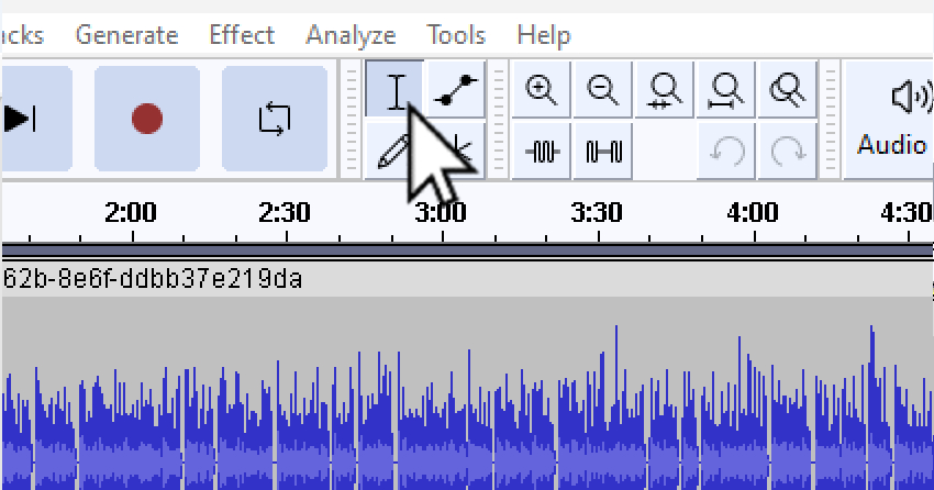 User clicking the select tool for article on how to cut audio in Audacity.