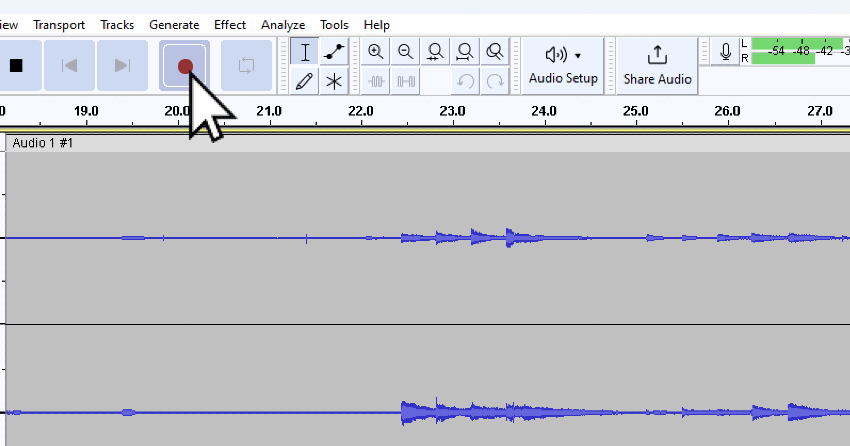 User initiating recording in Audacity for article on Audacity, and how to record computer audio.