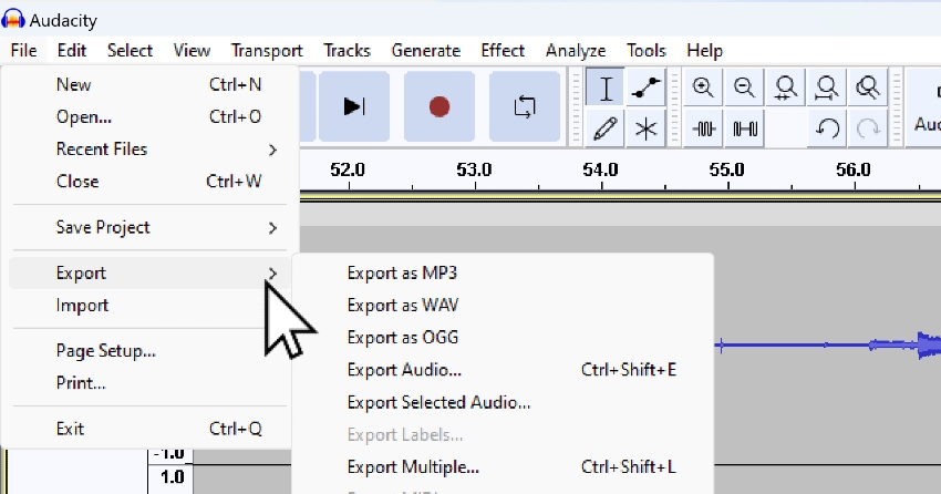 User accessing the save and import menus for how to record desktop audio with Audacity.