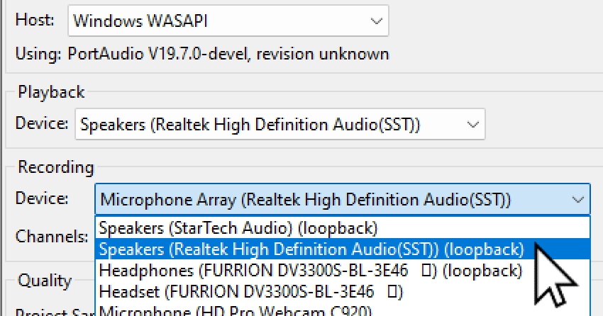 User accessing loop back options for audacity recording software.