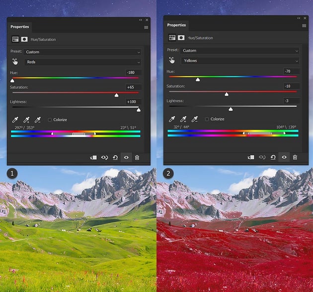 adjust color of the landscape using hue/saturation 