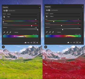 adjust color of the landscape using hue/saturation 