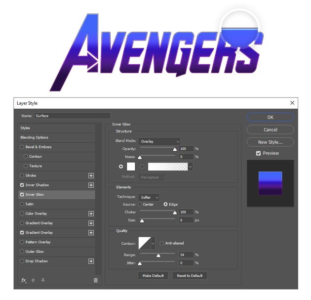 How to apply Inner glow to Avengers text