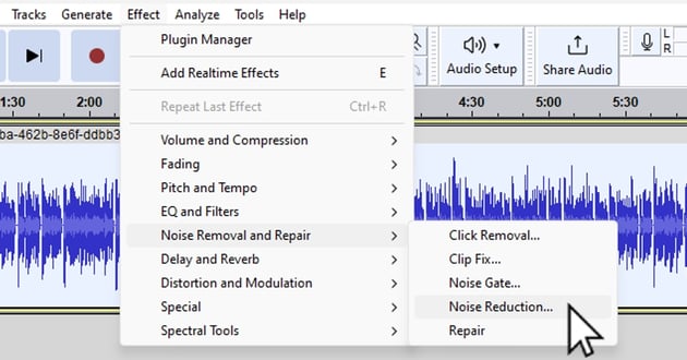 User clicking Noise Reduction menu option for article on How to clean up audio in Audacity.