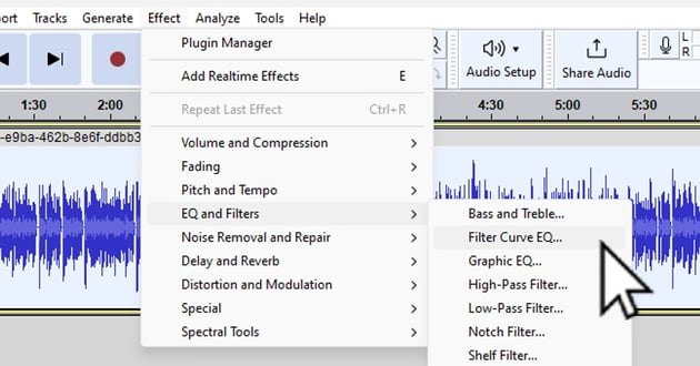 User accessing Filter curve EQ Menu for articel on How to improve audio quality in Audacity.