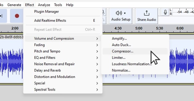 User clicking Compressor menu for article on how to clean up audio.