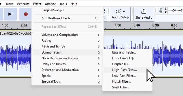 User clicking on High-Pass Filter for article on how to clean up audio in Audacity.