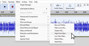 User clicking on High-Pass Filter for article on how to clean up audio in Audacity.