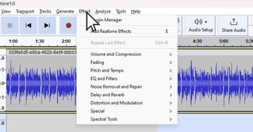 User clicking on Effects menu option for article on free Audacity plugins.