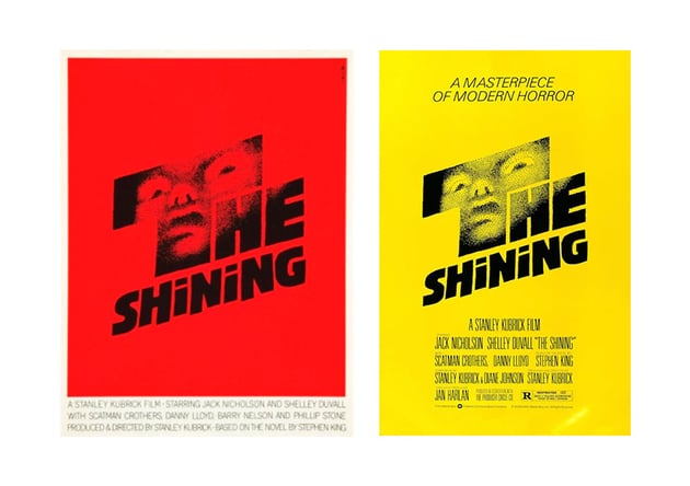 Initial poster for The Shining with red background by Saul Bass (left) and official The Shining poster with yellow background as edited by Stanley Kubrick. 