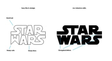 Star Wars initial concept by Suzy Rice (left) and final concept by Joe Johnston (right). 