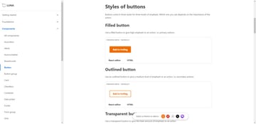 The Button page in the Luna design system shows different styles of buttons, including filled, outline, and transparent.