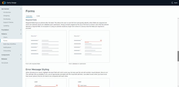 The Forms page in the Clarity design system pattern library shows how to present required fields as well as error messages in this commonly used pattern.