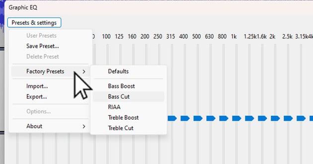 User accessing Presets & Settings menu to to help understand why "Audacity equalization is missing".