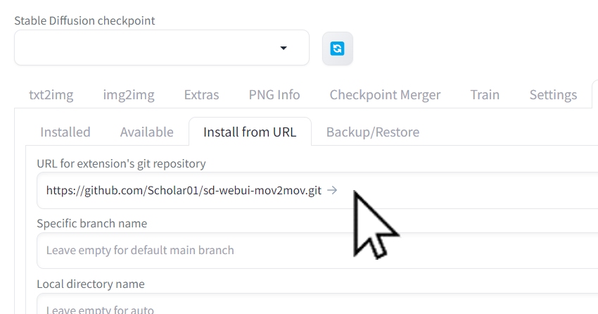 User adding custom git repository from URL for Stable Diffusion AI video to video free.