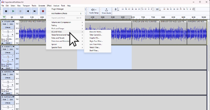 User accessing the EQ Menu in Audacity for Audacity best equalization for voice and instruments.