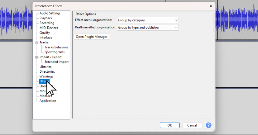 User clicking on Effects Option in Audacity Preferences menu for plugins for Audacity.