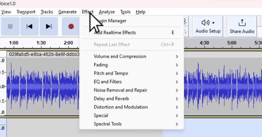 User clicking on Effects menu option for article on free Audacity plugins.