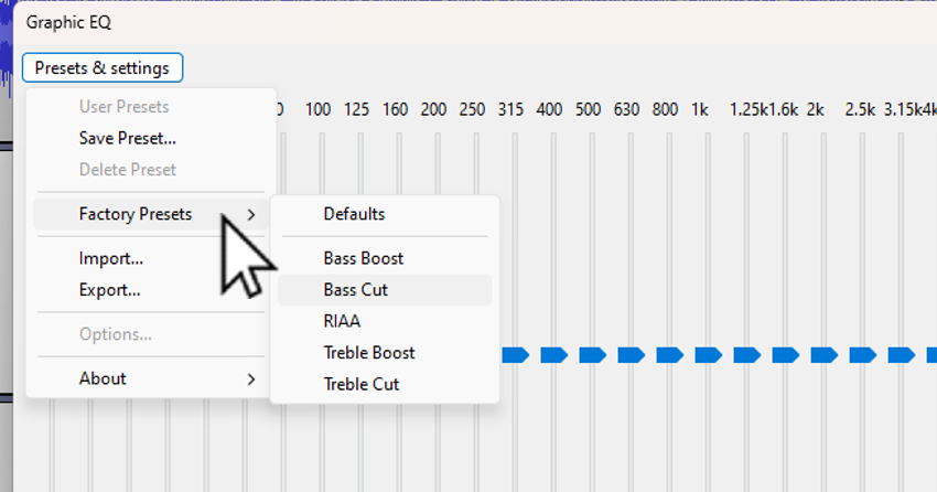 User accessing Presets & Settings menu to to help understand why "Audacity equalization is missing".