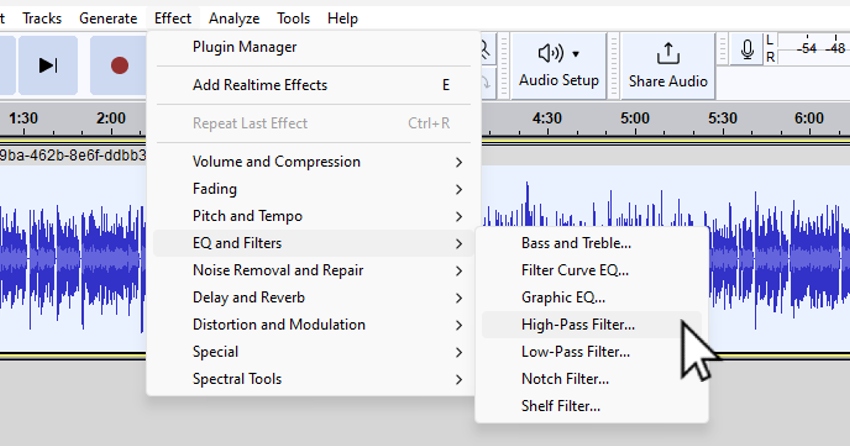 User clicking on High-Pass Filter for article on how to clean up audio in Audacity.